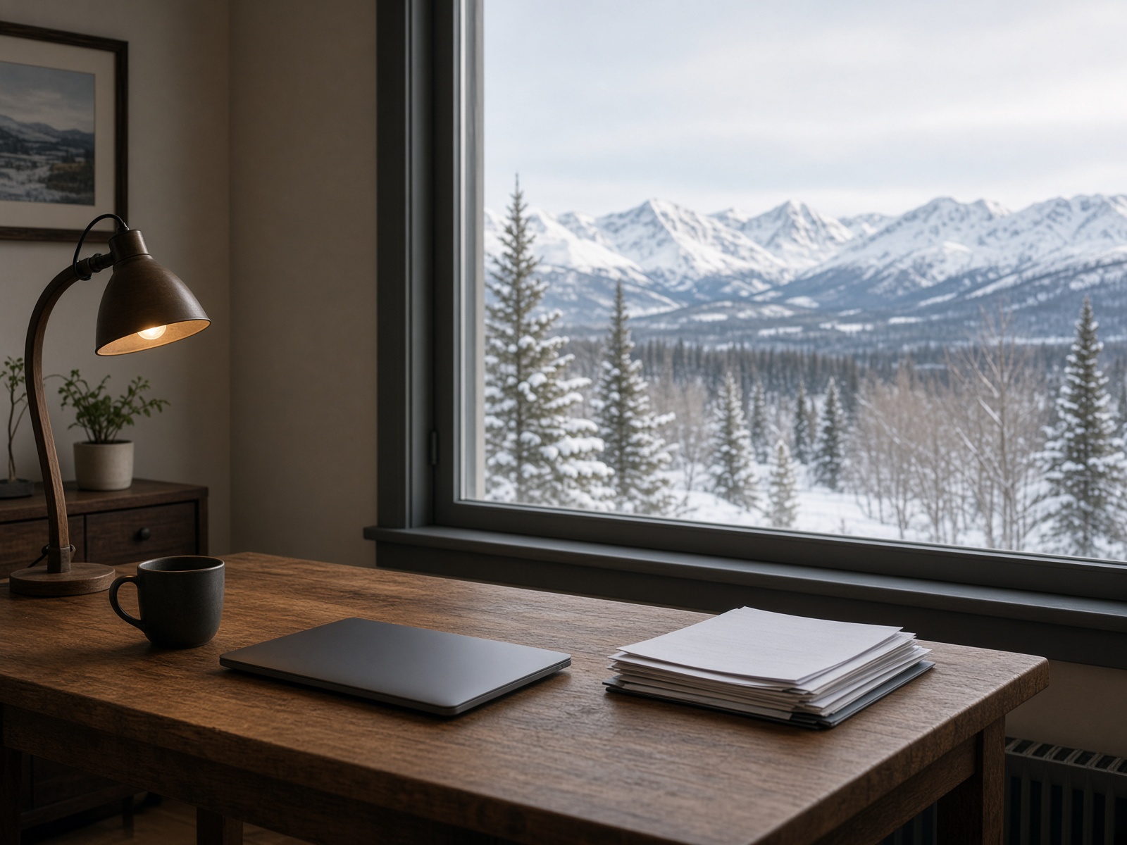 A quiet office desk beside a window looking onto snow and distant mountains.